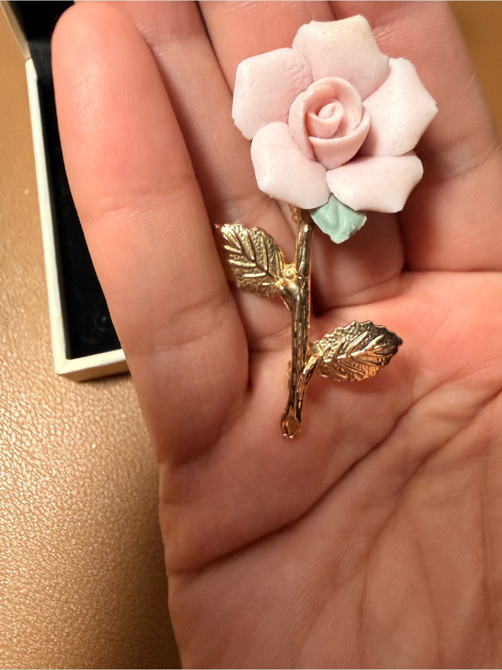 Gold-Tone Brooch with Light Pink Porcelain Rose